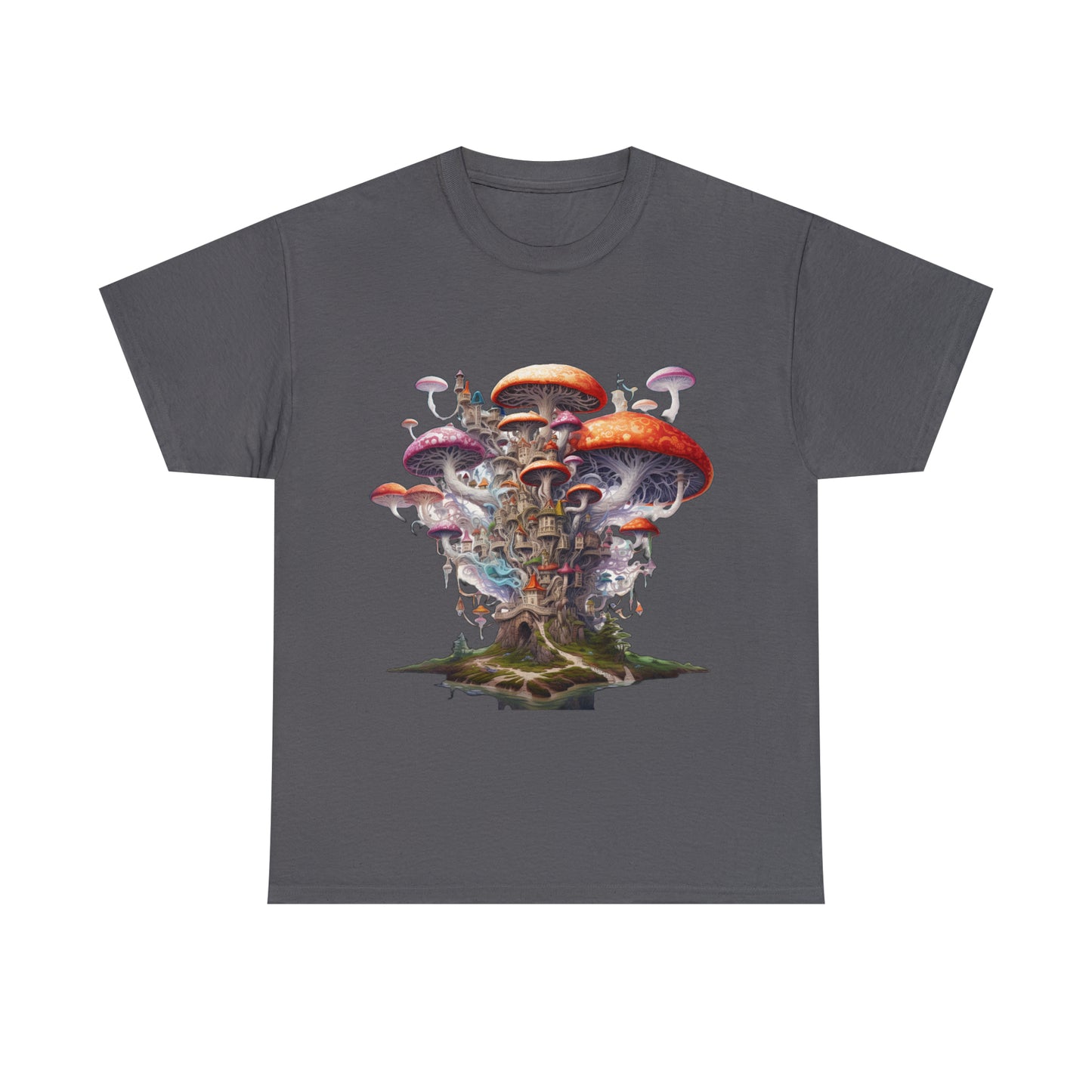 Enchanting Mushroom City Island - Heavy Cotton Tee Shirt - CosmicDeva