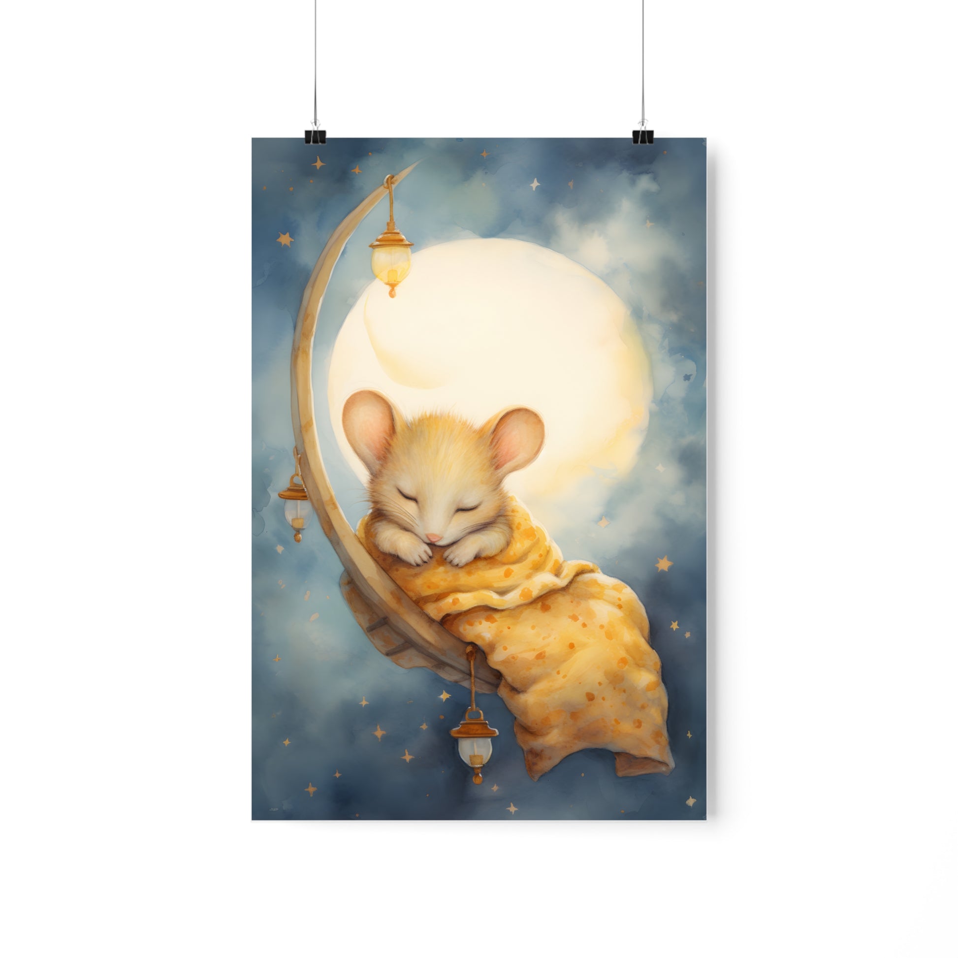 Sleeping little mouse and the moon, Cute sleeping Mouse, Nursery Decor, Kids room decor, stars, moon, sleeping animals Nursery Art, Watercolors, Nursery Wall Art - CosmicDeva