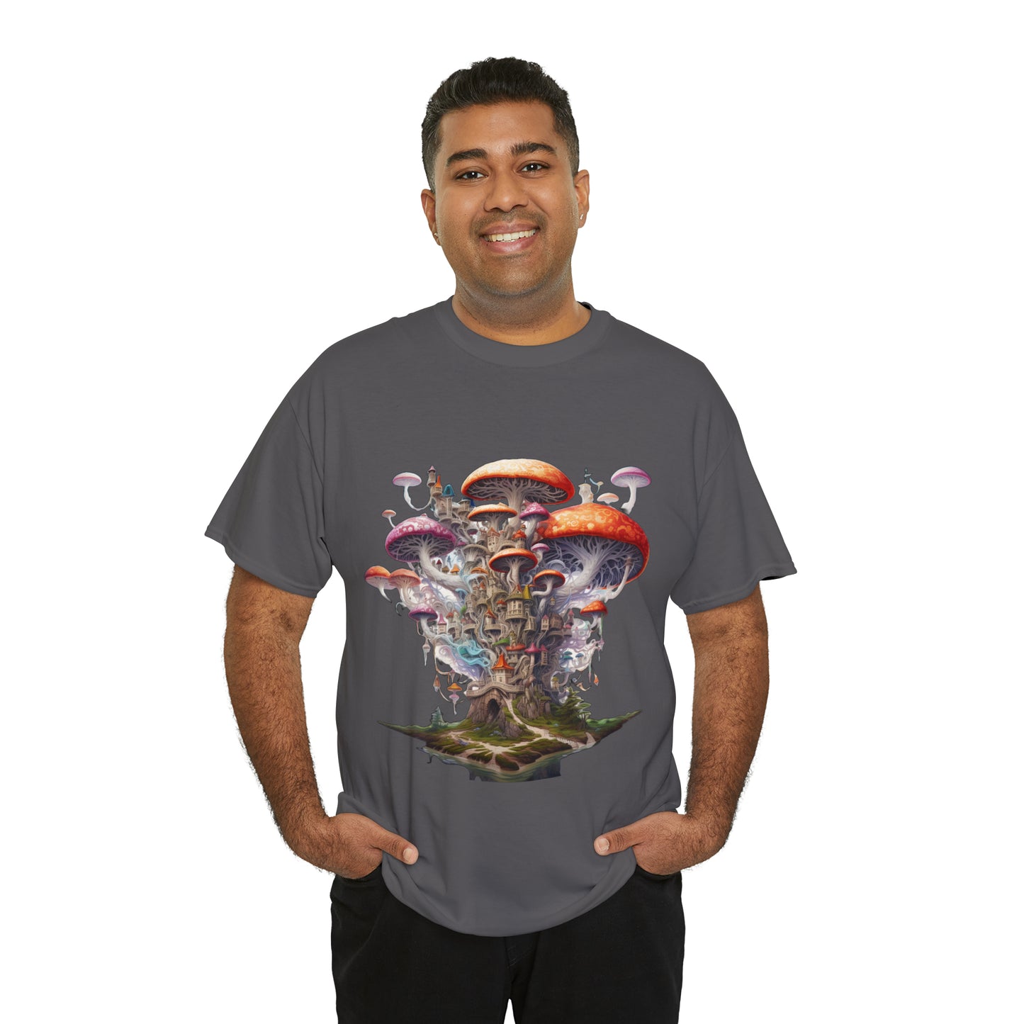 Enchanting Mushroom City Island - Heavy Cotton Tee Shirt - CosmicDeva