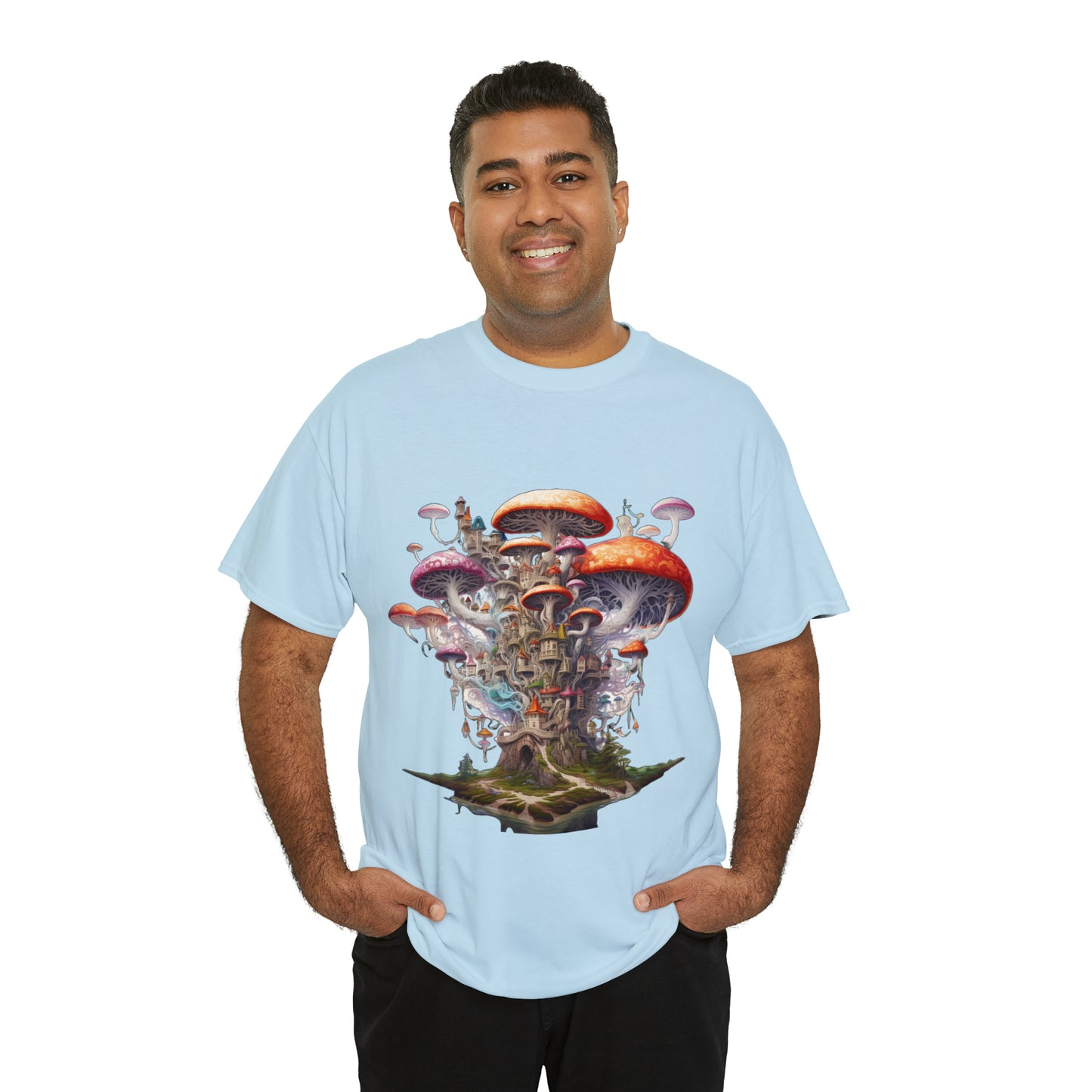 Enchanting Mushroom City Island - Heavy Cotton Tee Shirt - CosmicDeva