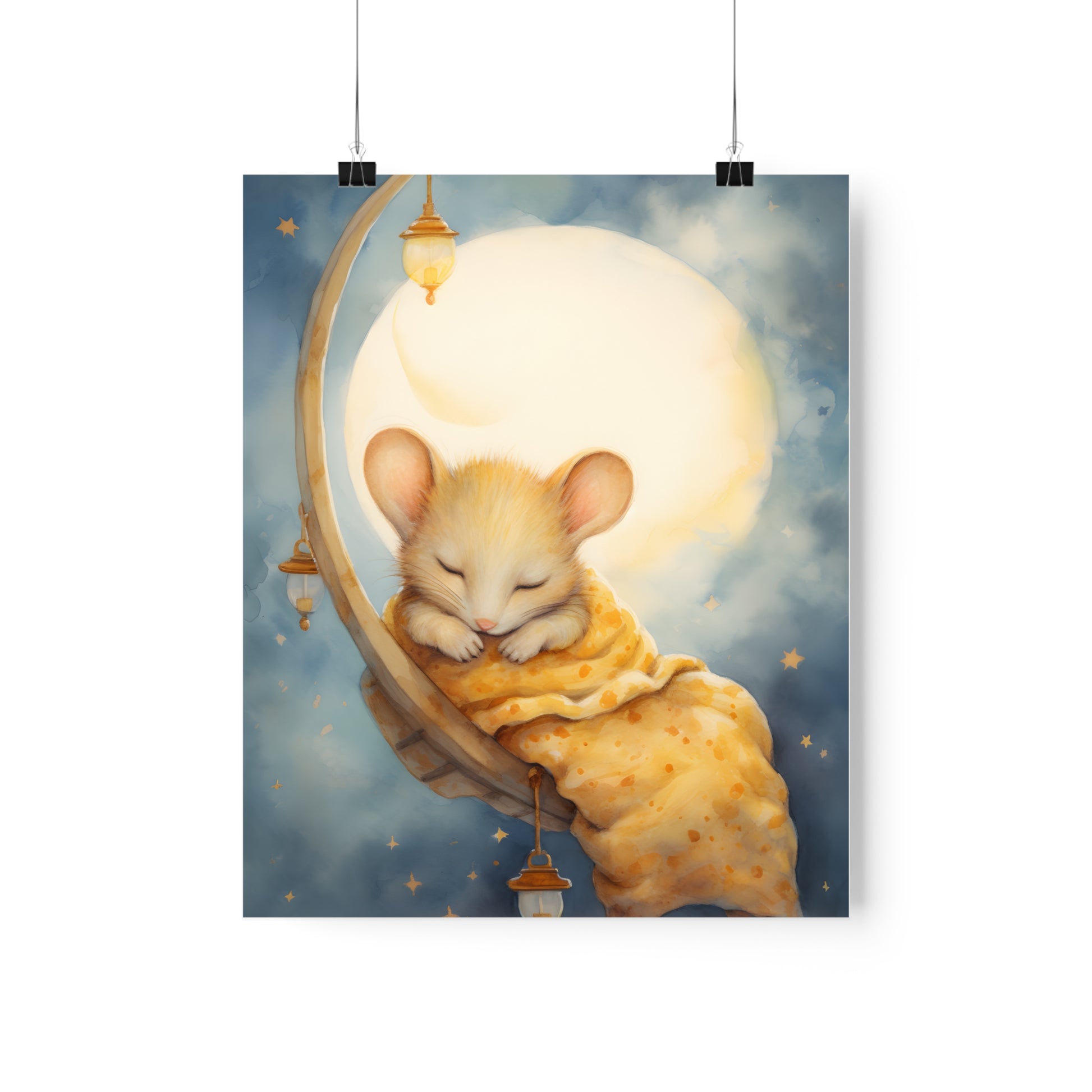 Sleeping little mouse and the moon, Cute sleeping Mouse, Nursery Decor, Kids room decor, stars, moon, sleeping animals Nursery Art, Watercolors, Nursery Wall Art - CosmicDeva