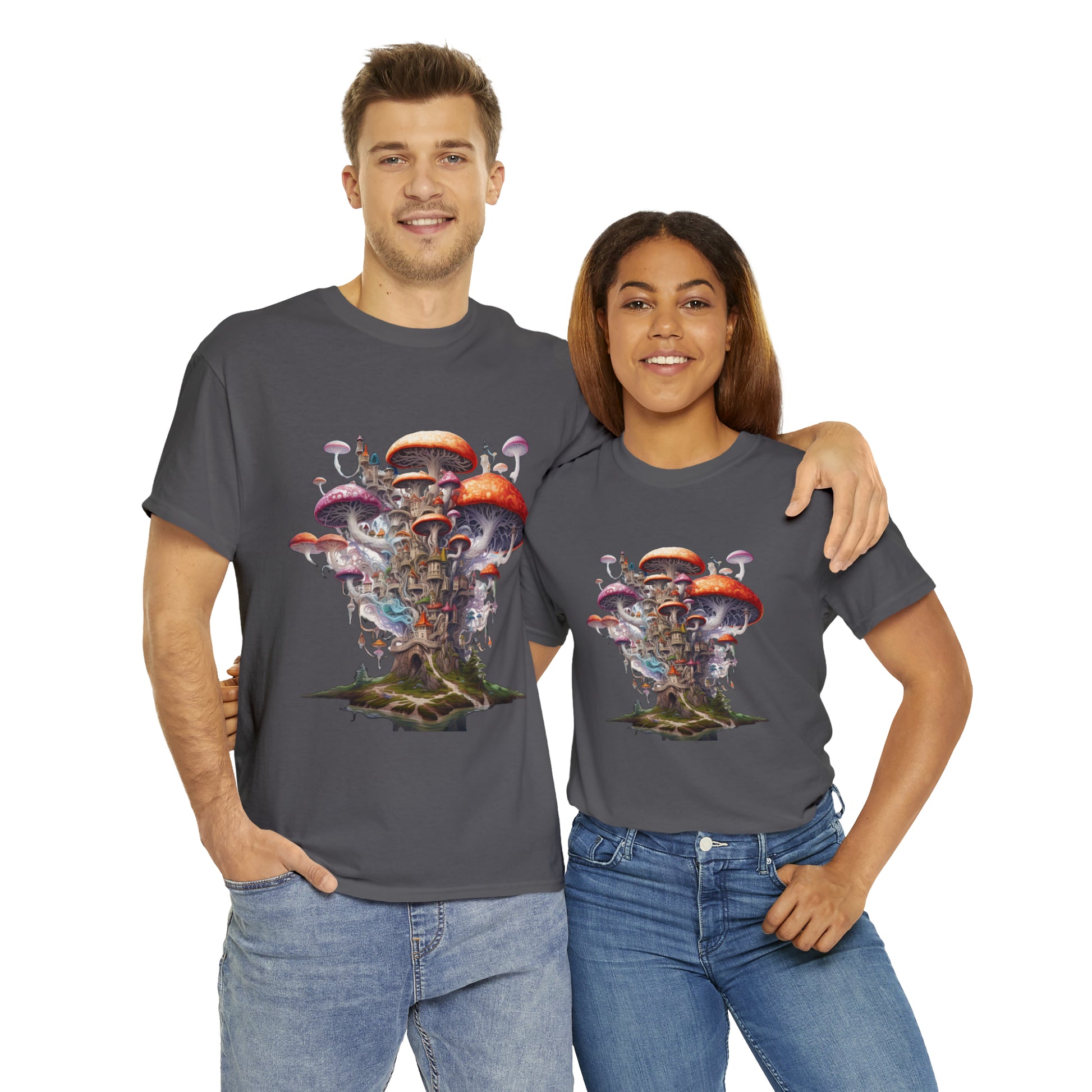 Enchanting Mushroom City Island - Heavy Cotton Tee Shirt - CosmicDeva