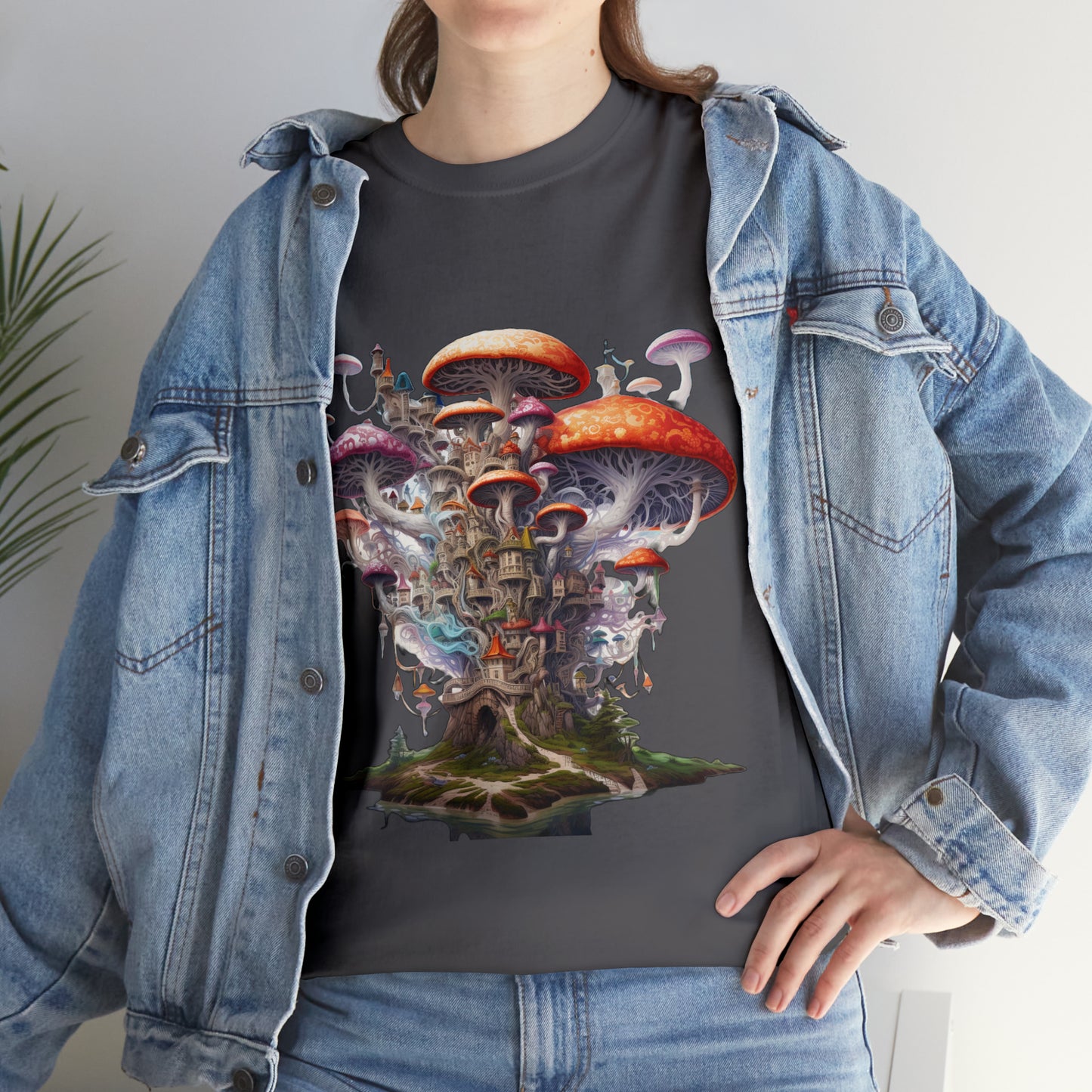 Enchanting Mushroom City Island - Heavy Cotton Tee Shirt - CosmicDeva