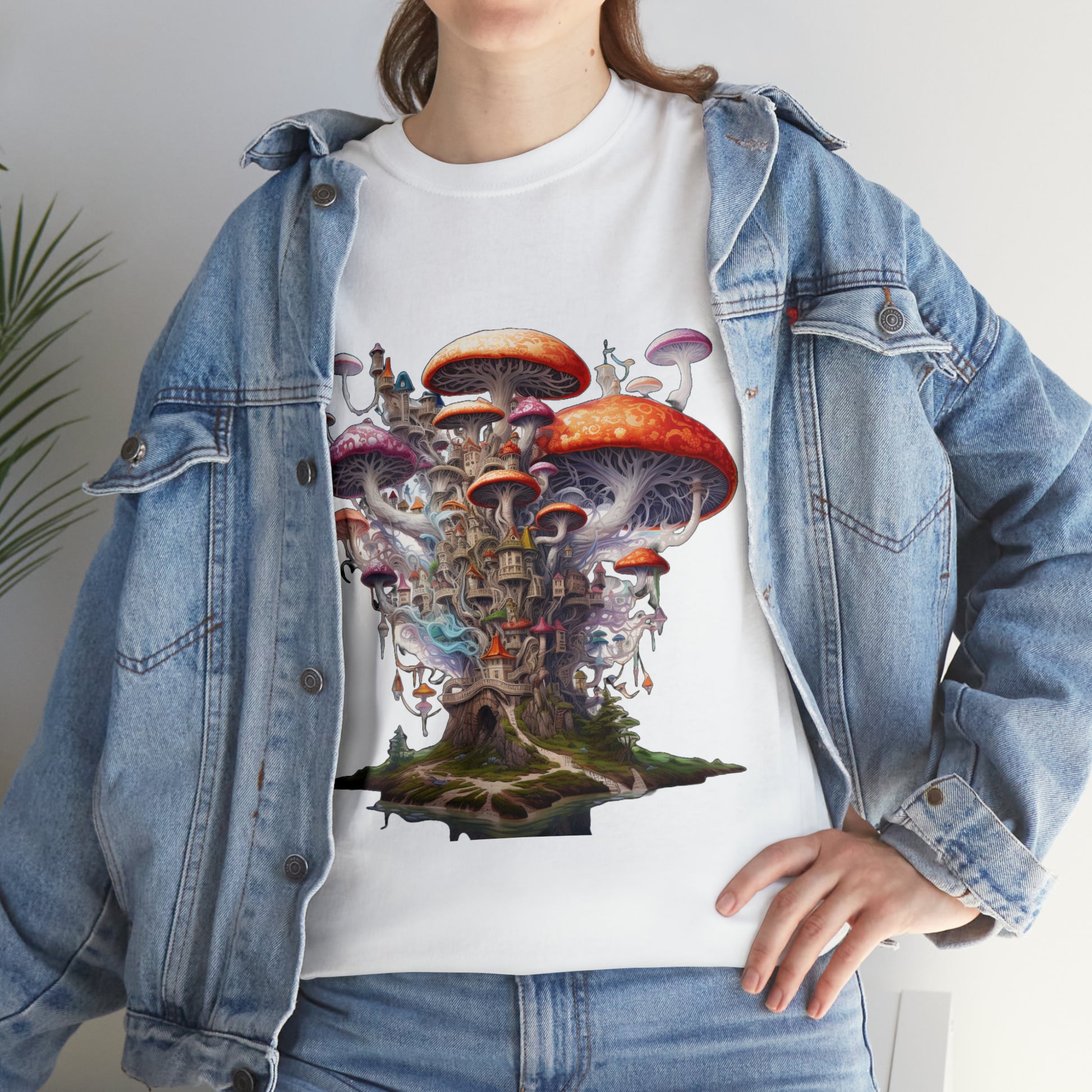 Enchanting Mushroom City Island - Heavy Cotton Tee Shirt - CosmicDeva