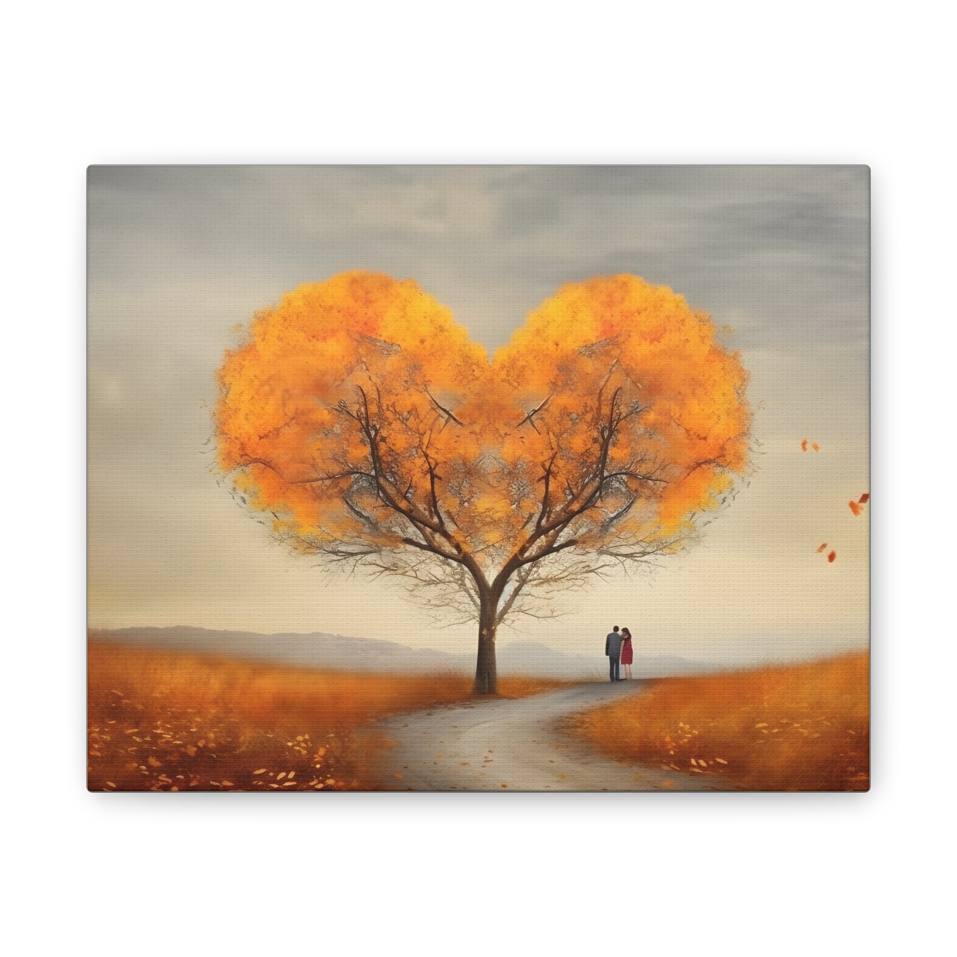 Landscape Of Heart Shaped Tree in Fall with two Lovers Canvas Stretched, 0.75" - CosmicDeva