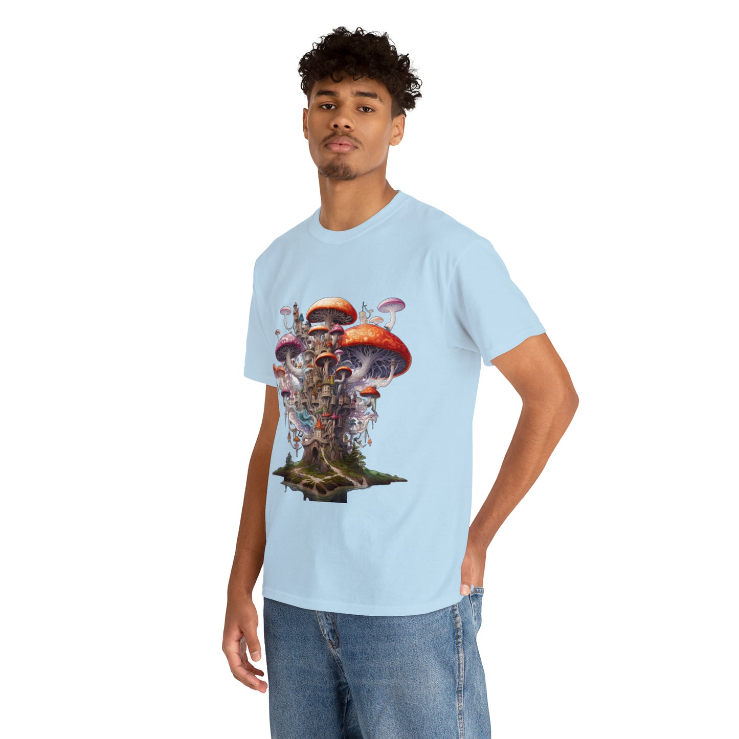 Enchanting Mushroom City Island - Heavy Cotton Tee Shirt - CosmicDeva