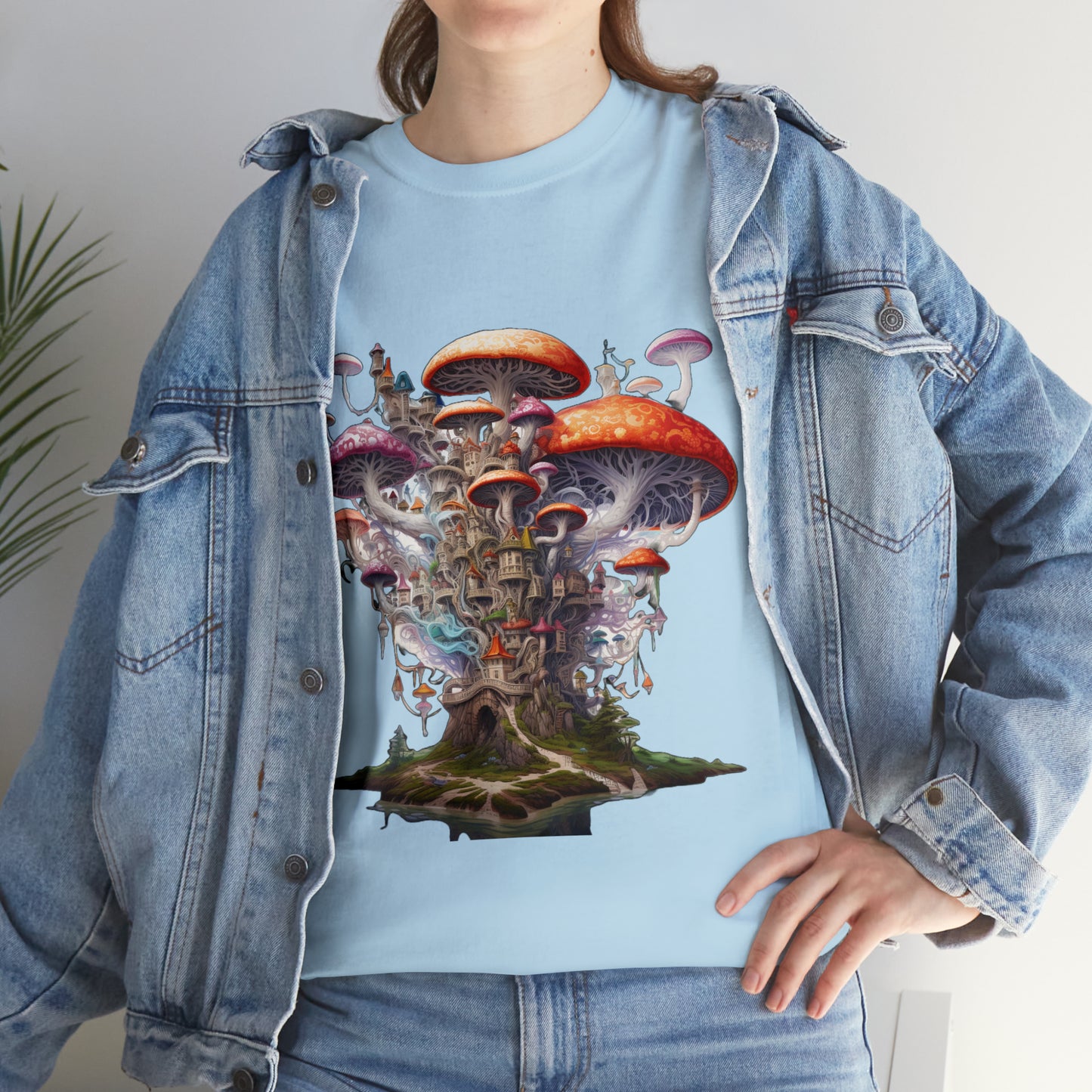 Enchanting Mushroom City Island - Heavy Cotton Tee Shirt - CosmicDeva