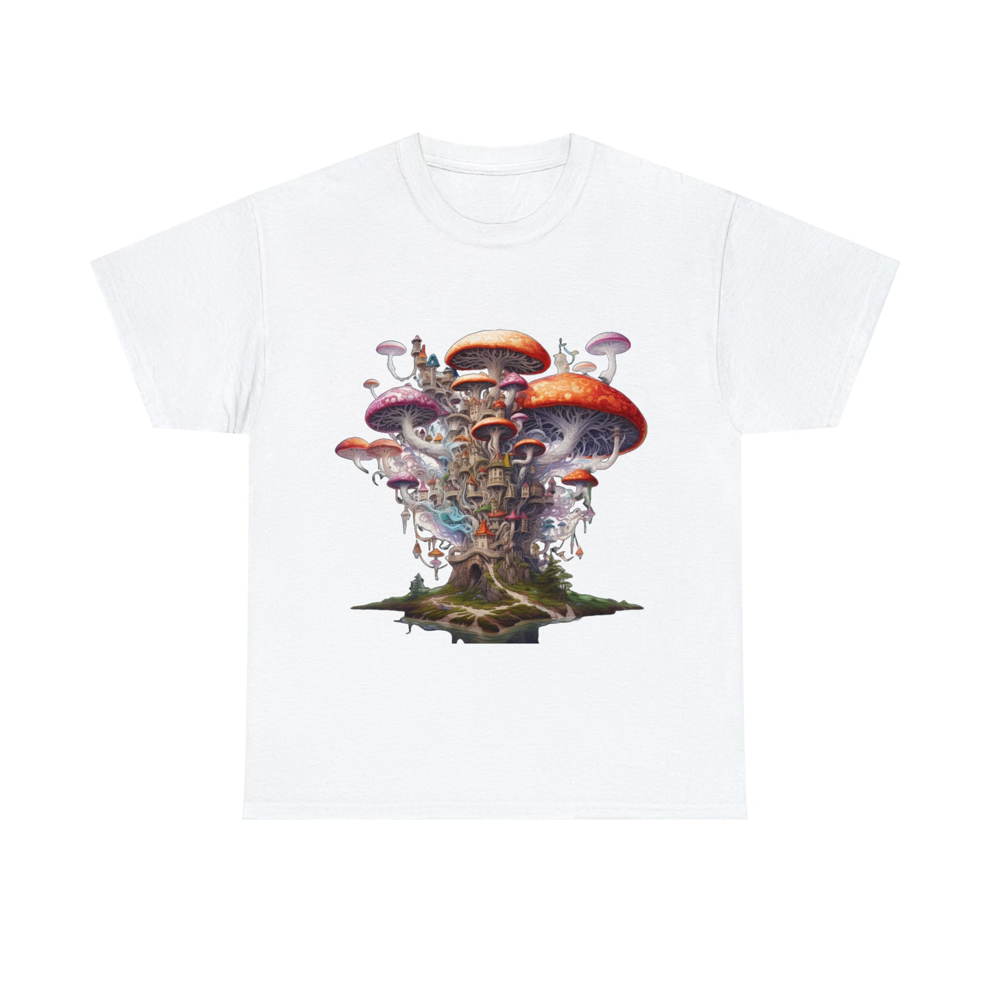 Enchanting Mushroom City Island - Heavy Cotton Tee Shirt - CosmicDeva