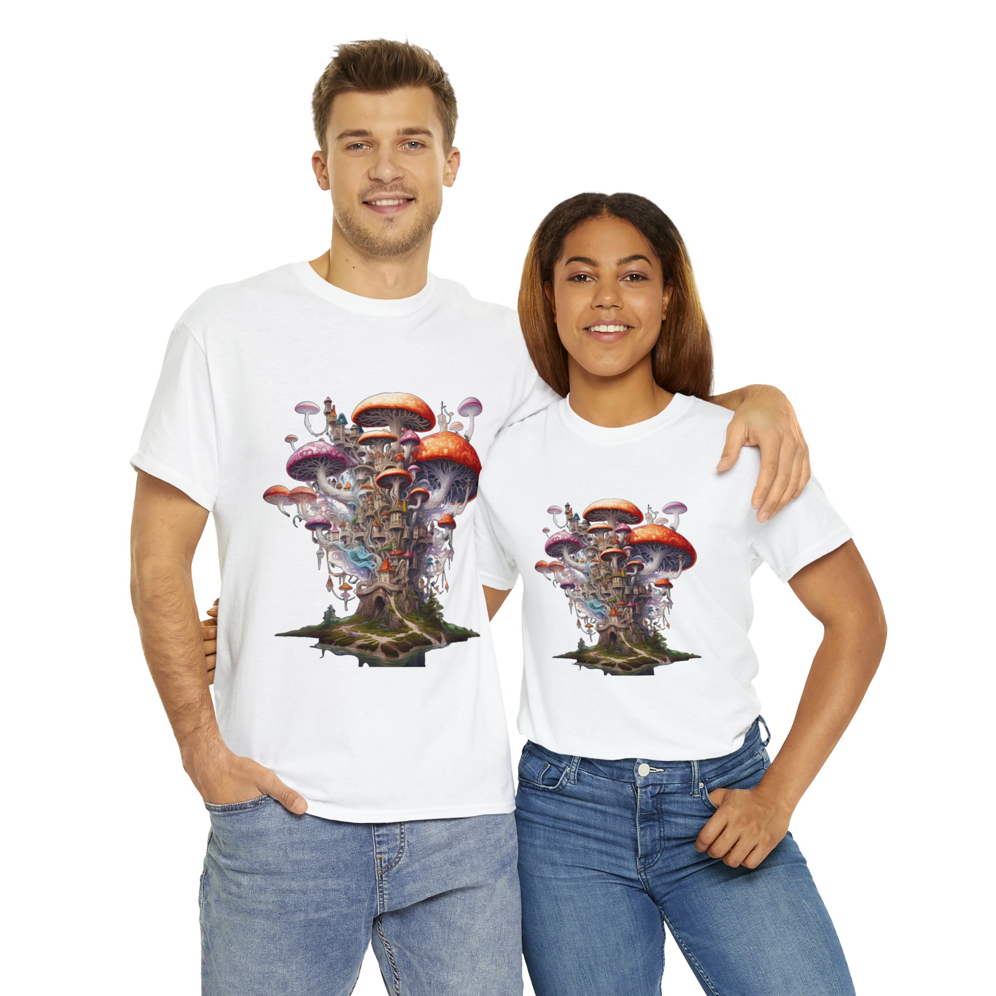 Enchanting Mushroom City Island - Heavy Cotton Tee Shirt - CosmicDeva