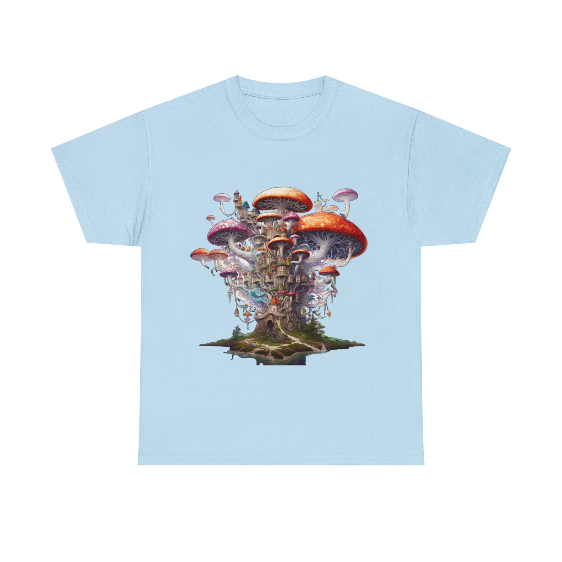 Enchanting Mushroom City Island - Heavy Cotton Tee Shirt - CosmicDeva