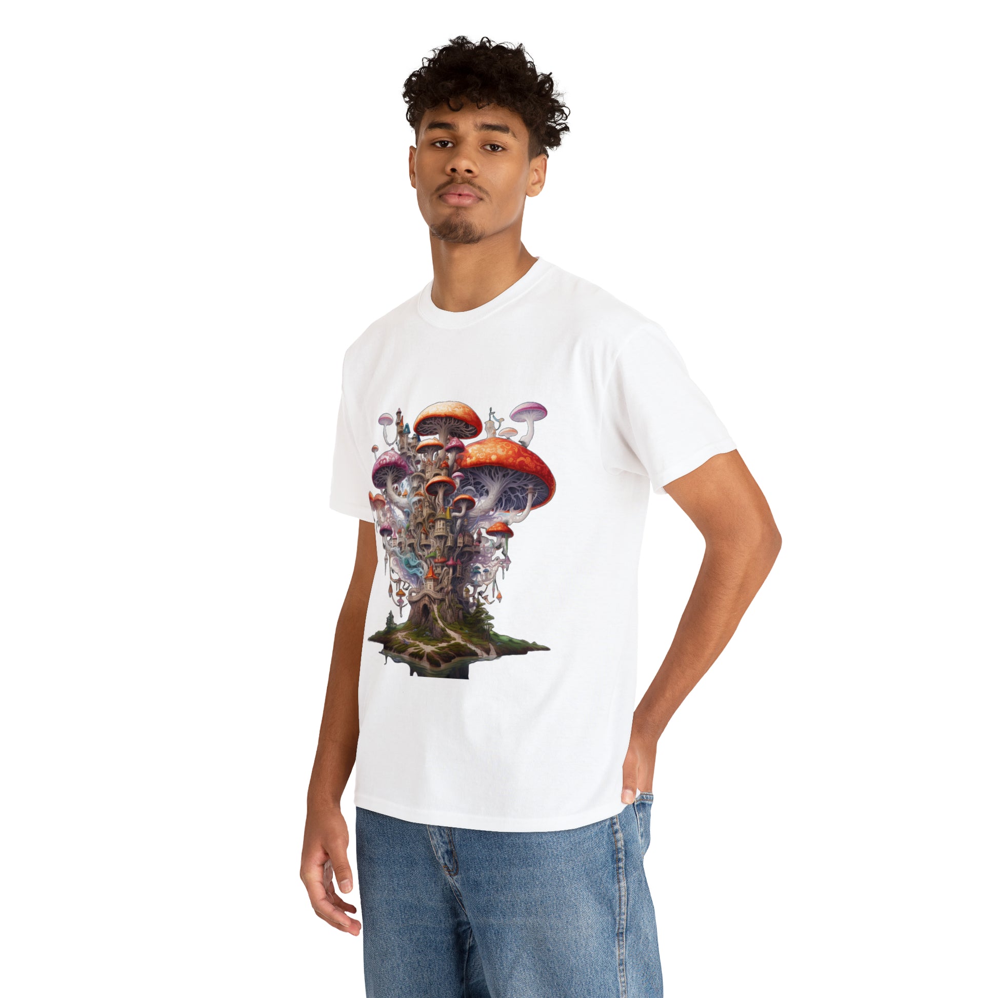 Enchanting Mushroom City Island - Heavy Cotton Tee Shirt - CosmicDeva