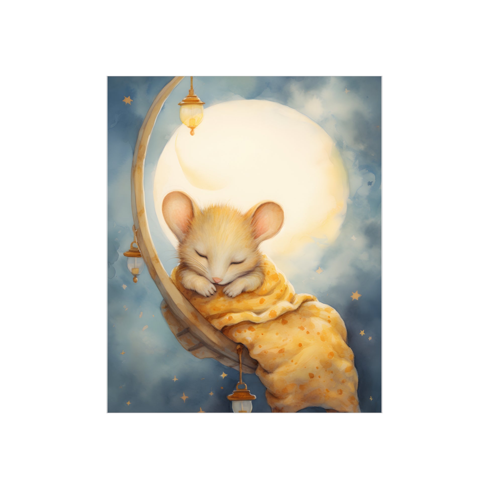 Sleeping little mouse and the moon, Cute sleeping Mouse, Nursery Decor, Kids room decor, stars, moon, sleeping animals Nursery Art, Watercolors, Nursery Wall Art - CosmicDeva