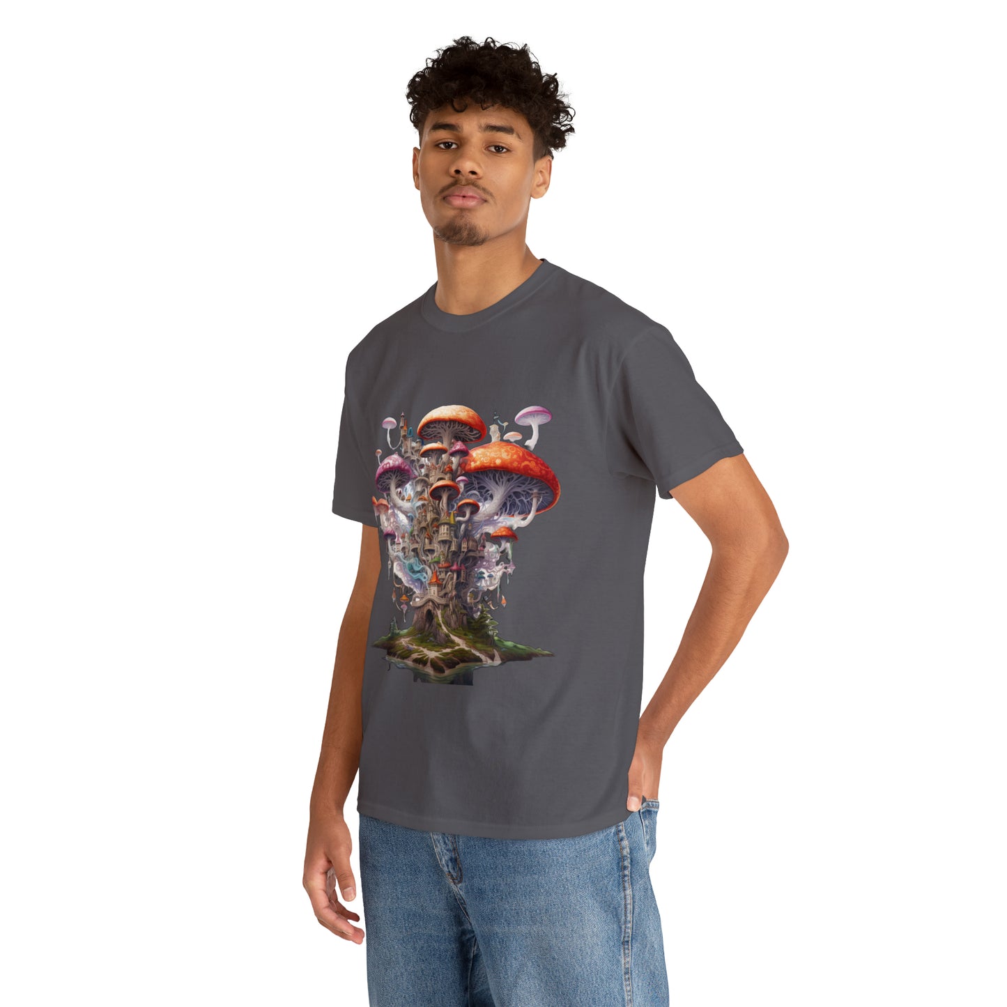 Enchanting Mushroom City Island - Heavy Cotton Tee Shirt - CosmicDeva