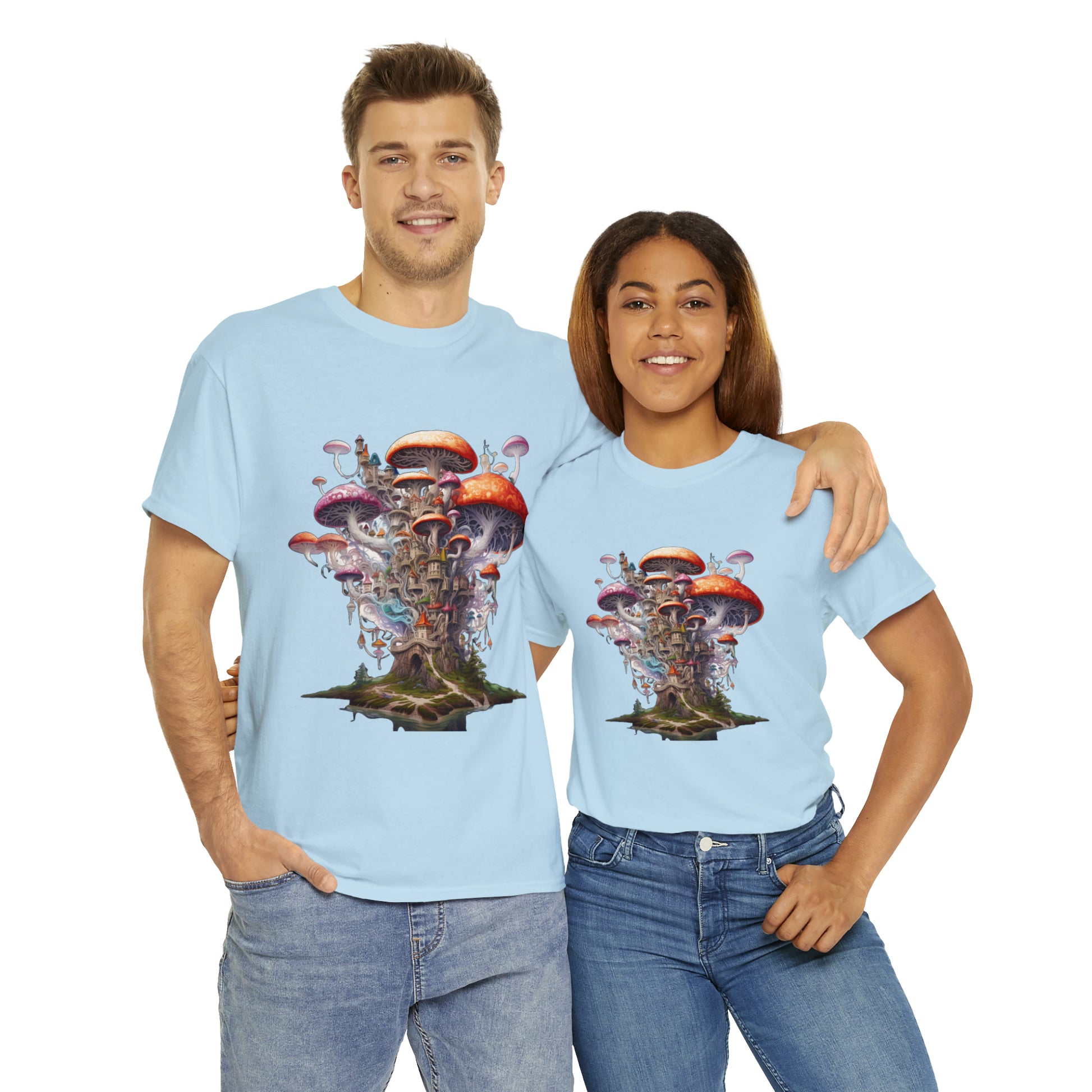 Enchanting Mushroom City Island - Heavy Cotton Tee Shirt - CosmicDeva