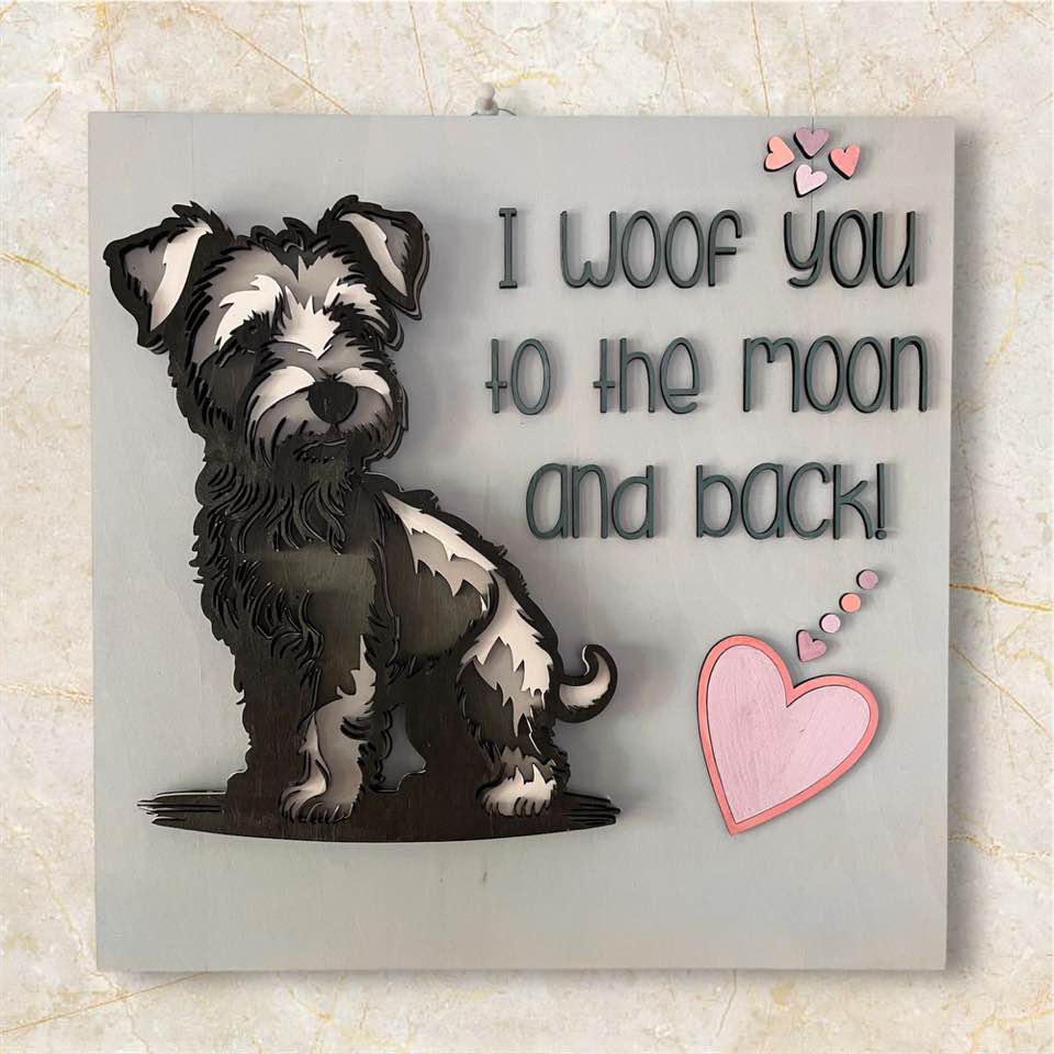 Wooden 3D Terrier Dog Wall Decor – “I Woof You to the Moon and Back”