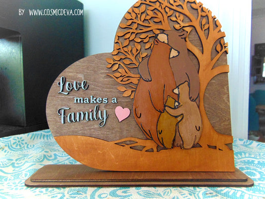 Heart-Shaped Wooden Bear Family Stand