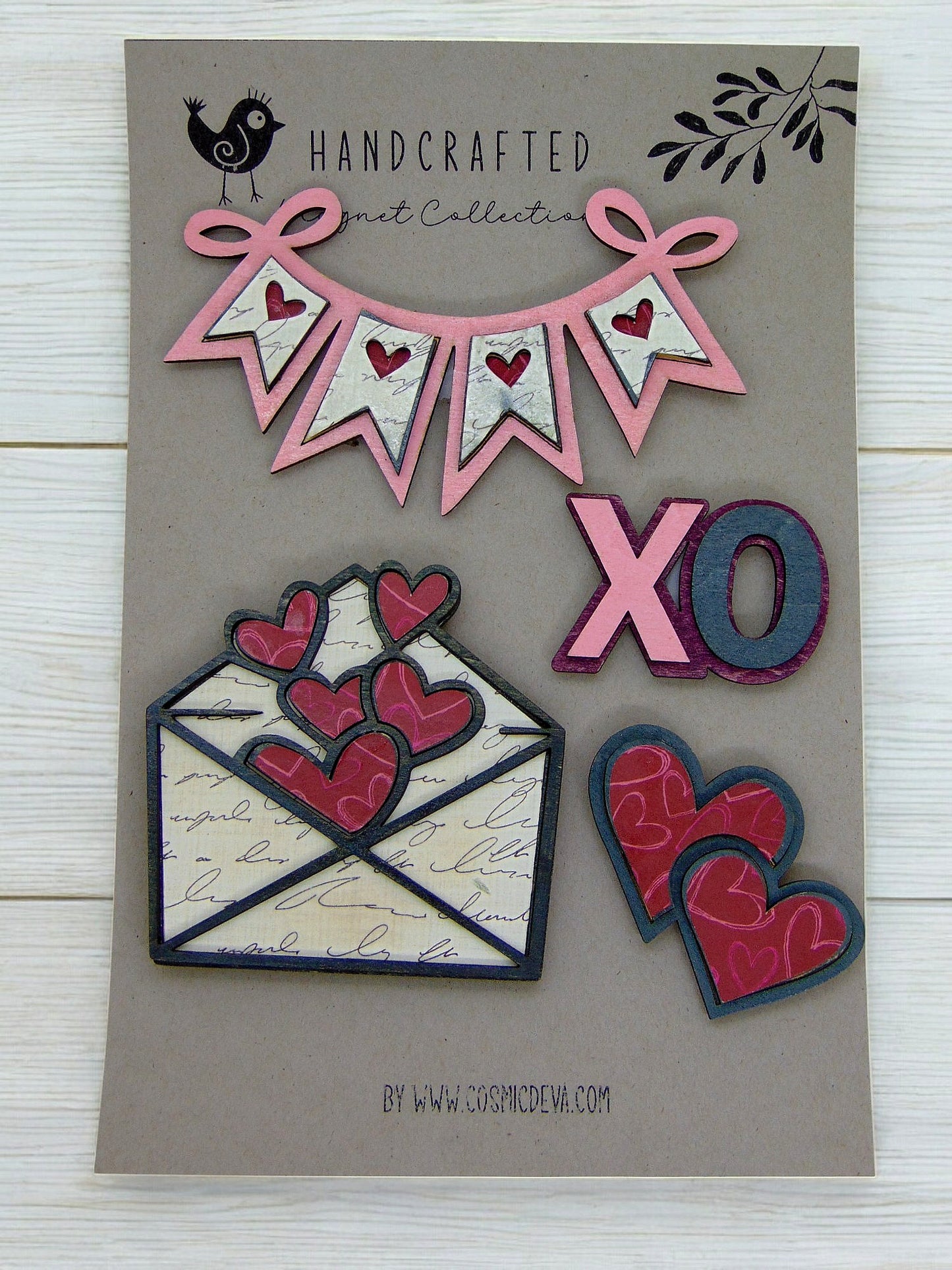 Set of 4 Handmade Wooden Refrigerator Magnets - Love & Valentine's Day Design