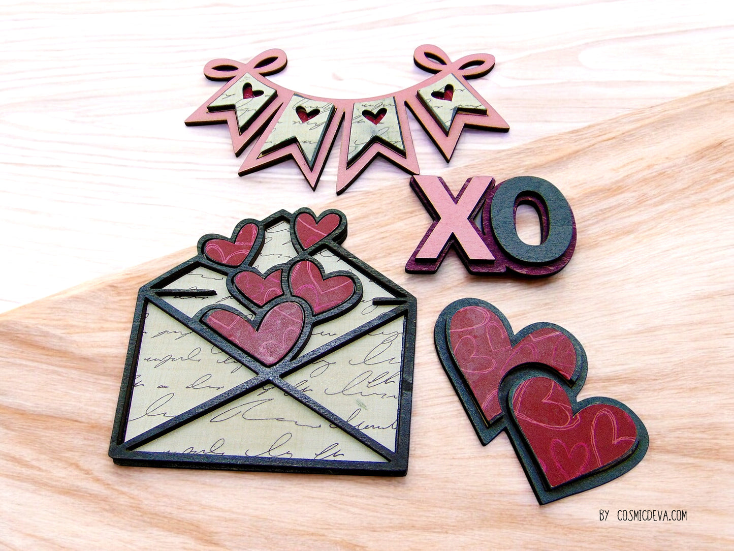 Set of 4 Handmade Wooden Refrigerator Magnets - Love & Valentine's Day Design