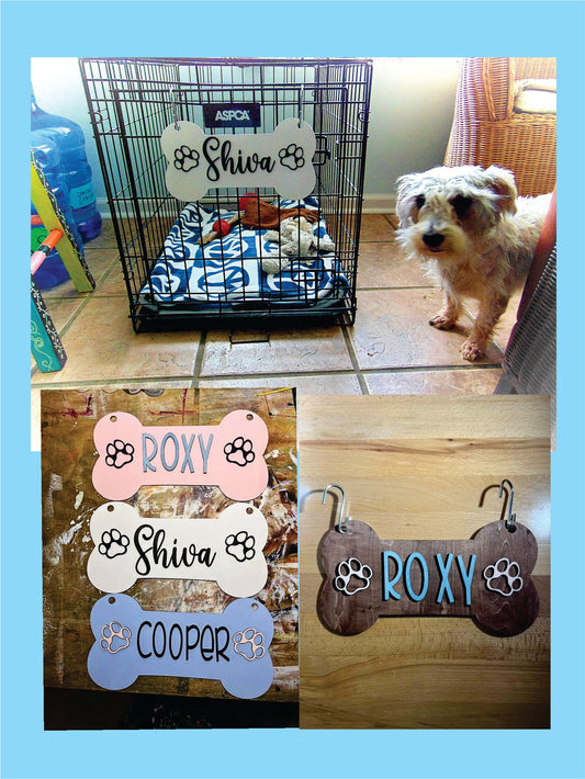 Transform your dog's space into a personalized haven with our charming bone-shaped crate sign! Crafted just for you, each sign is customized with your dog's name in your chosen color and font, ensuring a touch that perfectly matches your pet's personality.
