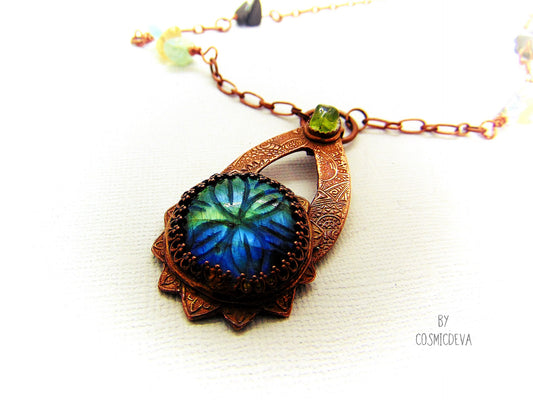 Labradorite Floral Mandala Copper Pendant Artisan Necklace - CosmicDeva