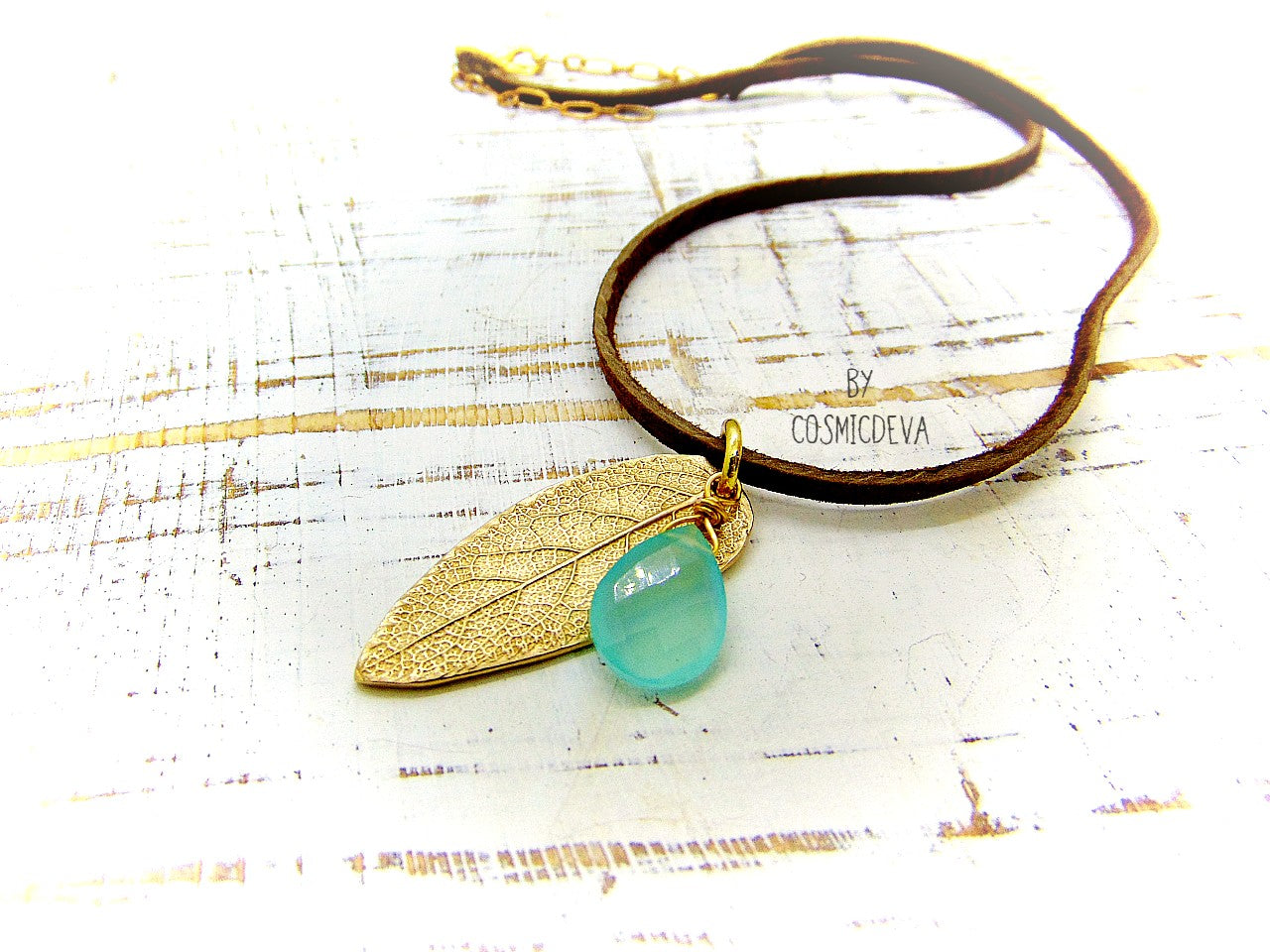 1174 Sage Leaf Gold Bronze Necklace With Aqua Blue Chalcedony